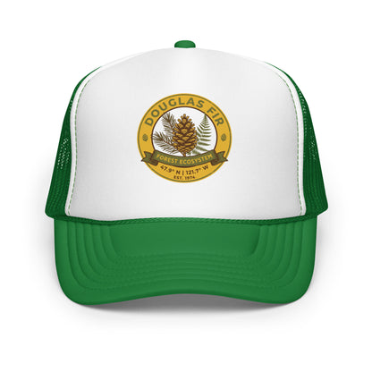 Bigfoot Hide and Seek Champion Trucker Hat Sasquatch Hiking Cap - in Kelly/ White/ Kelly, front view - VibePrintPop