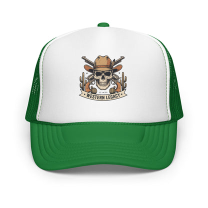 Vintage Cowboy Skull Western Trucker Hat Rodeo Country Music Cap - in Kelly/ White/ Kelly, front view - VibePrintPop