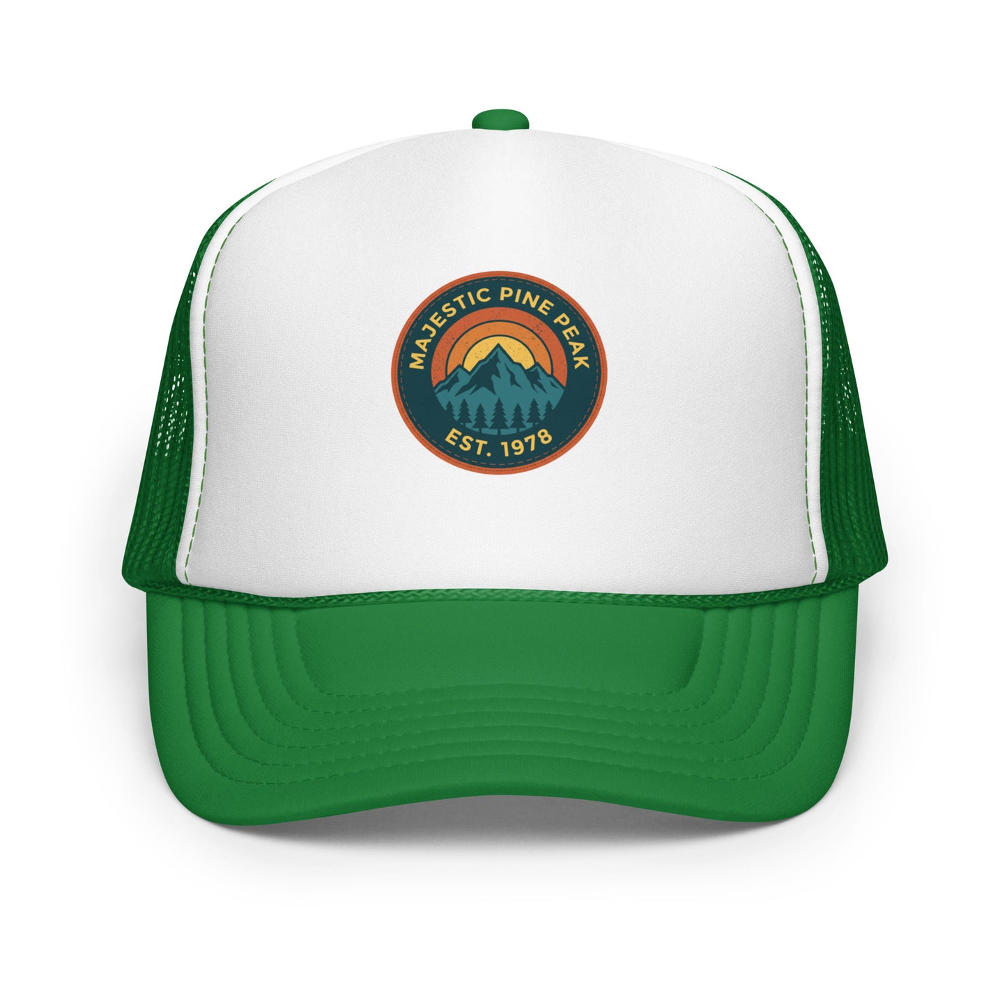 Kelly green and white retro mountain sunset trucker hat, front view