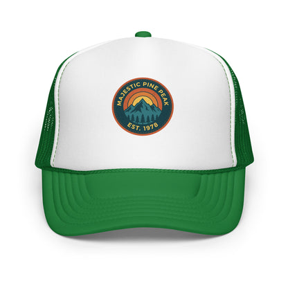 Kelly green and white retro mountain sunset trucker hat, front view