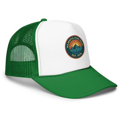 Kelly green and white retro mountain sunset trucker hat, angled front view