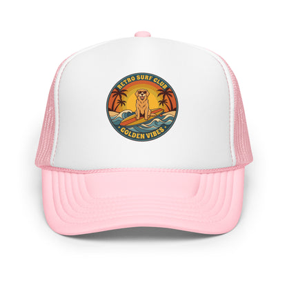 Vintage Golden Retriever Surf Trucker Hat Retro Dog Mom Baseball Cap - in Light Pink / White / Light Pink, front view - VibePrintPop