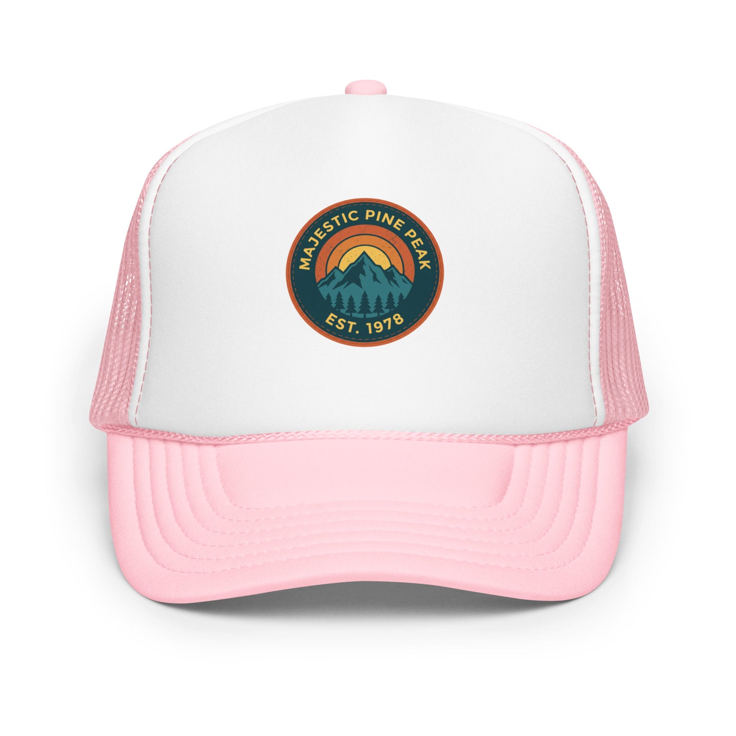 Light pink and white retro mountain sunset trucker hat, front view