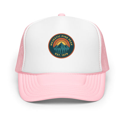 Light pink and white retro mountain sunset trucker hat, front view