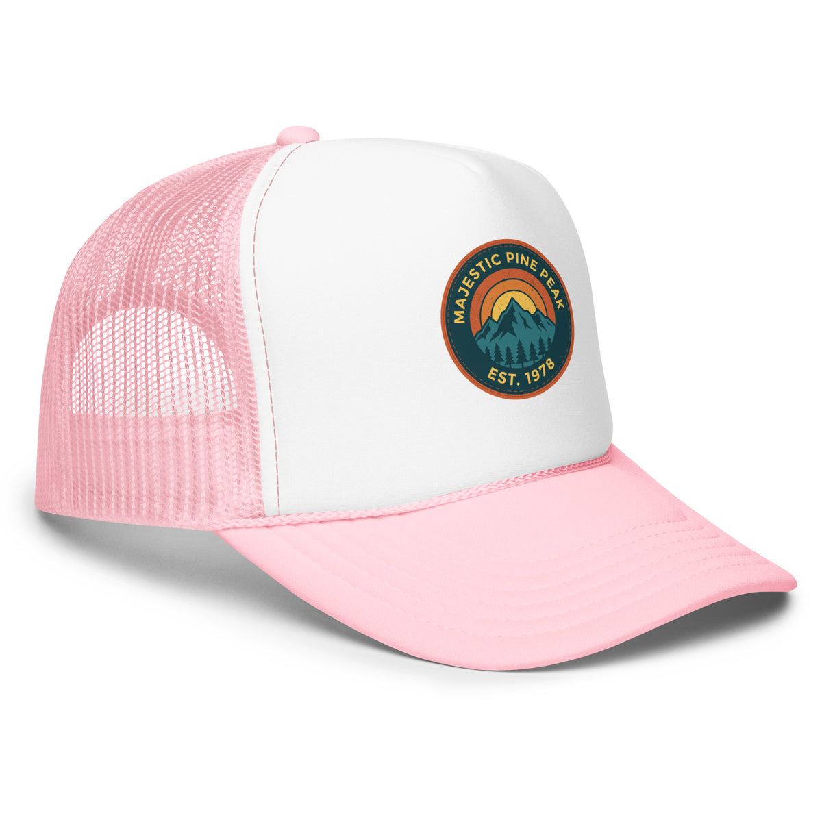 Light pink and white retro mountain sunset trucker hat, angled front view