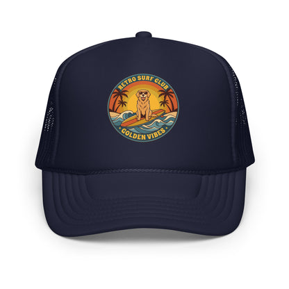 Vintage Golden Retriever Surf Trucker Hat Retro Dog Mom Baseball Cap - in Navy, front view - VibePrintPop