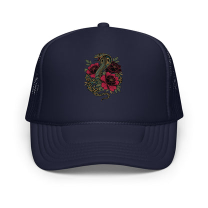 Gothic Snake Peony Floral Trucker Hat Tattoo Style Streetwear Cap - in Navy, front view - VibePrintPop