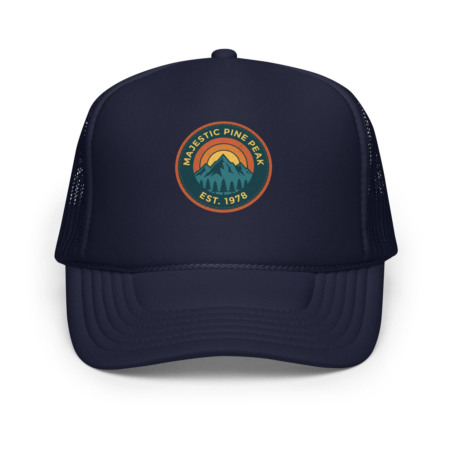 Navy retro mountain sunset trucker hat, front view of vintage hiking graphic