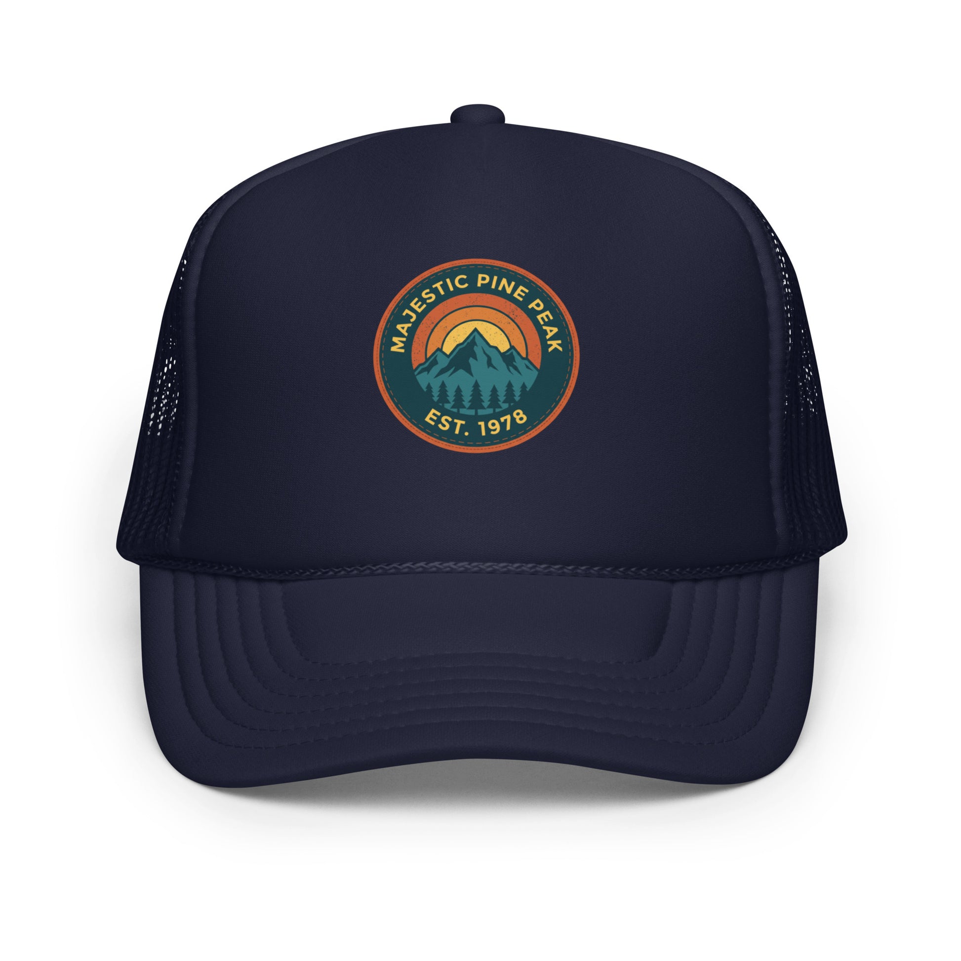 Navy retro mountain sunset trucker hat, front view of vintage hiking graphic