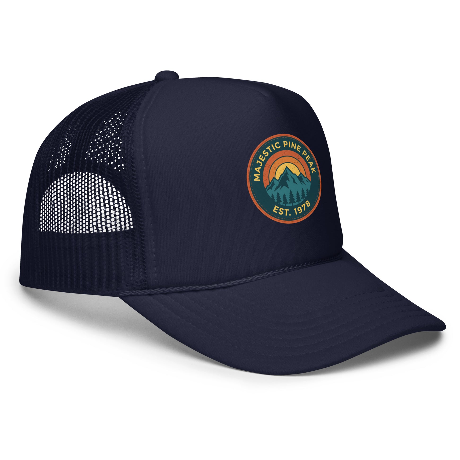 Navy retro mountain sunset trucker hat with mesh back, angled front view