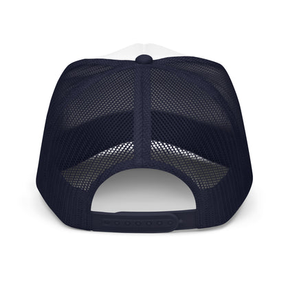 Bigfoot Hide and Seek Champion Trucker Hat Sasquatch Hiking Cap - in Navy/ White/ Navy, back view - VibePrintPop
