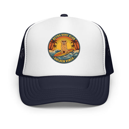 Vintage Golden Retriever Surf Trucker Hat Retro Dog Mom Baseball Cap - in Navy/ White/ Navy, front view - VibePrintPop