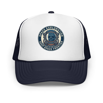 Retro Astronaut Helmet Trucker Hat Vintage Space Skull Graphic Cap - in Navy/ White/ Navy, front view - VibePrintPop