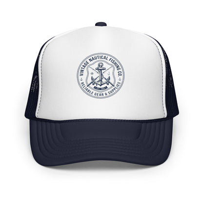 Lake Life Anchor Fishing Trucker Hat Vintage Nautical Boating Cap - in Navy/ White/ Navy, front view - VibePrintPop