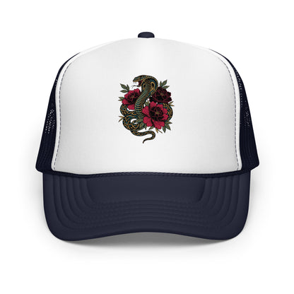 Gothic Snake Peony Floral Trucker Hat Tattoo Style Streetwear Cap - in Navy/ White/ Navy, front view - VibePrintPop