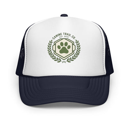 Dog Dad Vintage Shield Trucker Hat Dog Father Gift Baseball Cap - in Navy/ White/ Navy, front view - VibePrintPop