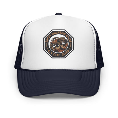Off Road 4x4 Mountain Trail Trucker Hat Overland Adventure Mesh Cap - in Navy/ White/ Navy, front view - VibePrintPop