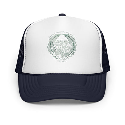 Plant Lady Monstera Leaves Trucker Hat Cute Urban Jungle Mesh Cap - in Navy/ White/ Navy, front view - VibePrintPop