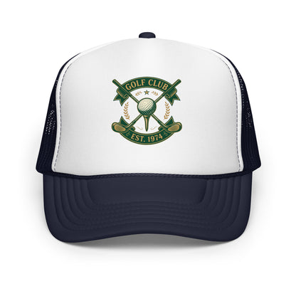 Vintage Golf Club Embroidered Style Trucker Hat Golfer Gift Cap - in Navy/ White/ Navy, front view - VibePrintPop