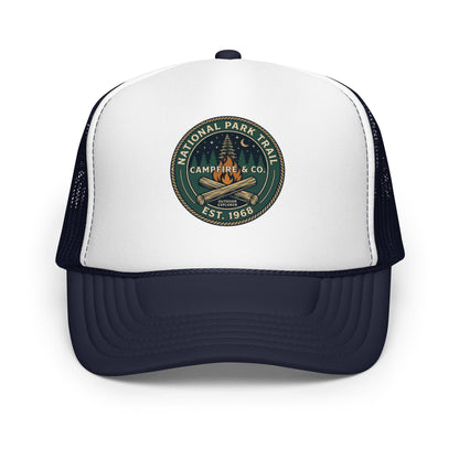 Retro Campfire Outdoor Patch Trucker Hat Vintage Camping Mesh Cap - in Navy/ White/ Navy, front view - VibePrintPop