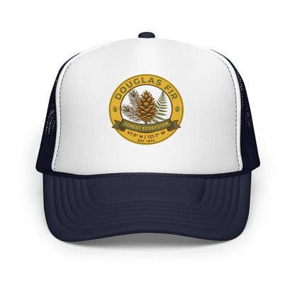 Bigfoot Hide and Seek Champion Trucker Hat Sasquatch Hiking Cap - in Navy/ White/ Navy, front view - VibePrintPop