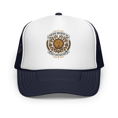 Craft Beer Hops Brewery Trucker Hat Vintage Beer Lover Mesh Cap - in Navy/ White/ Navy, front view - VibePrintPop