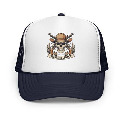 Vintage Cowboy Skull Western Trucker Hat Rodeo Country Music Cap - in Navy/ White/ Navy, front view - VibePrintPop