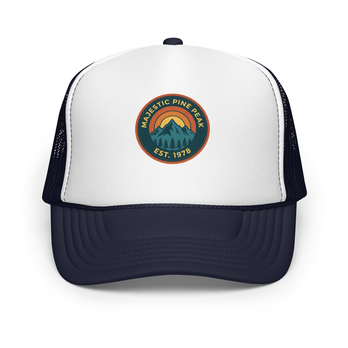 Navy and white retro mountain sunset trucker hat, front view