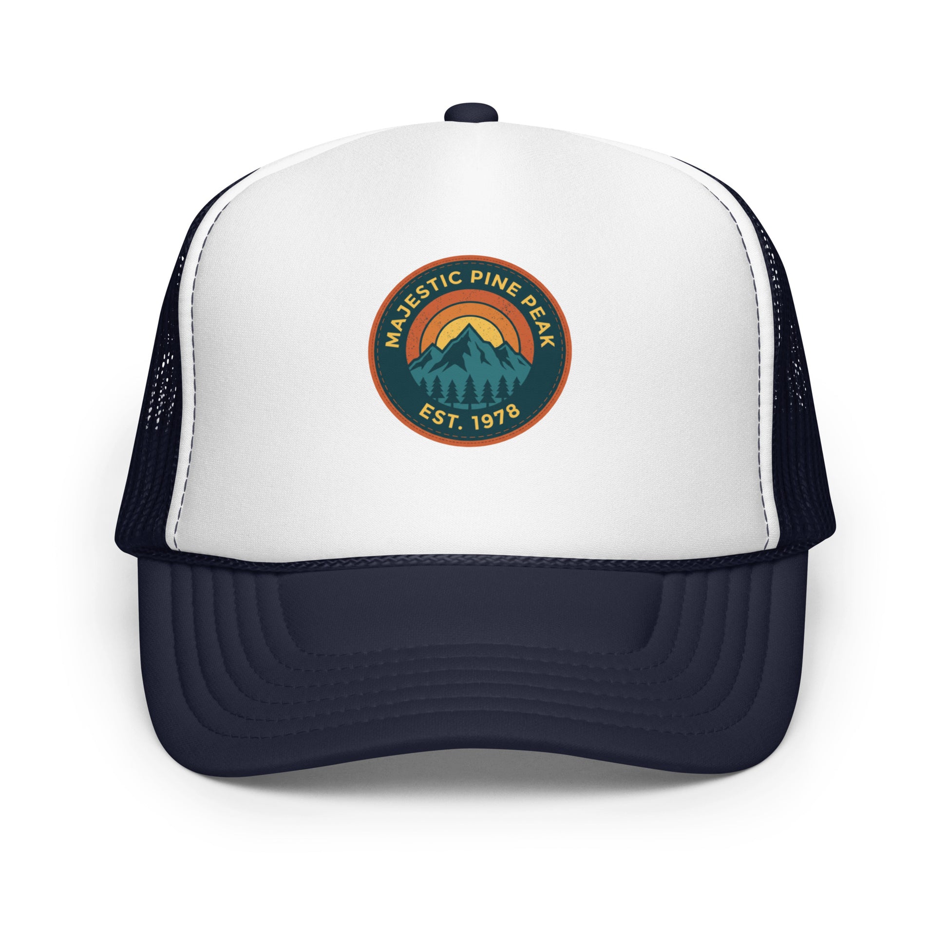 Navy and white retro mountain sunset trucker hat, front view