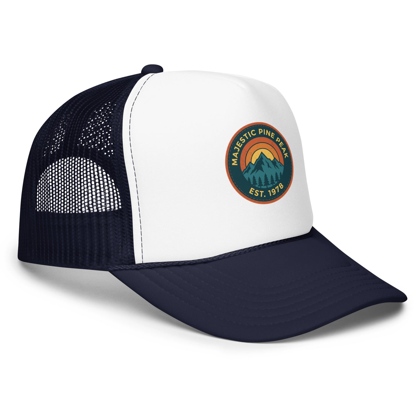 Navy and white retro mountain sunset trucker hat with mesh back, angled view