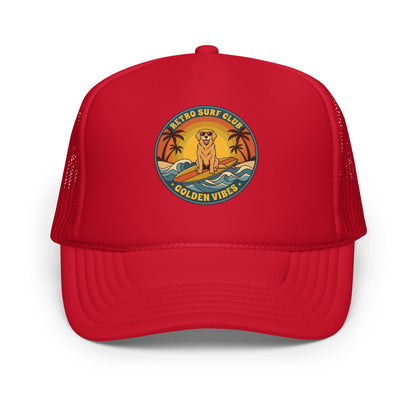Vintage Golden Retriever Surf Trucker Hat Retro Dog Mom Baseball Cap - in Red, front view - VibePrintPop