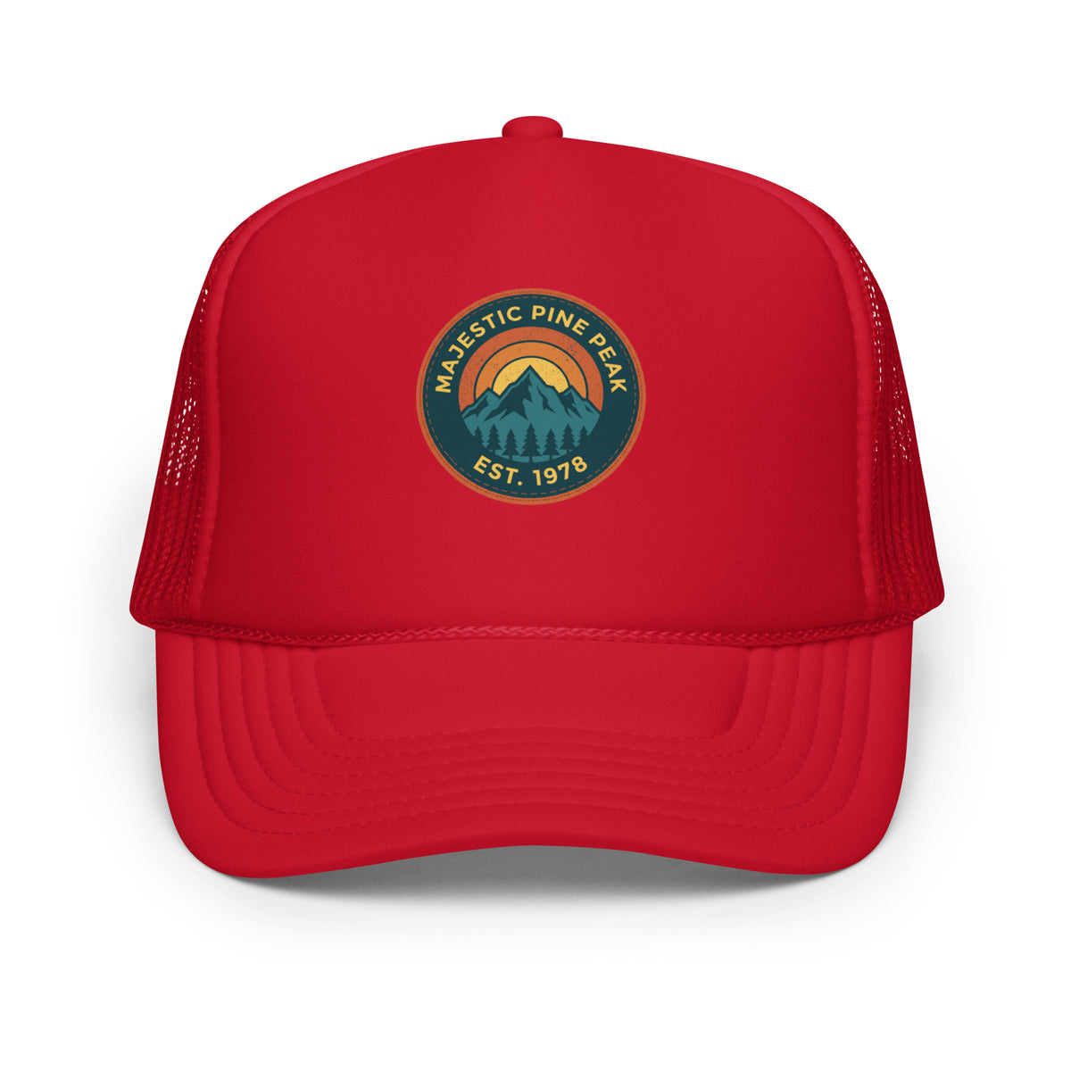 Red retro mountain sunset trucker hat, front view of vintage hiking graphic
