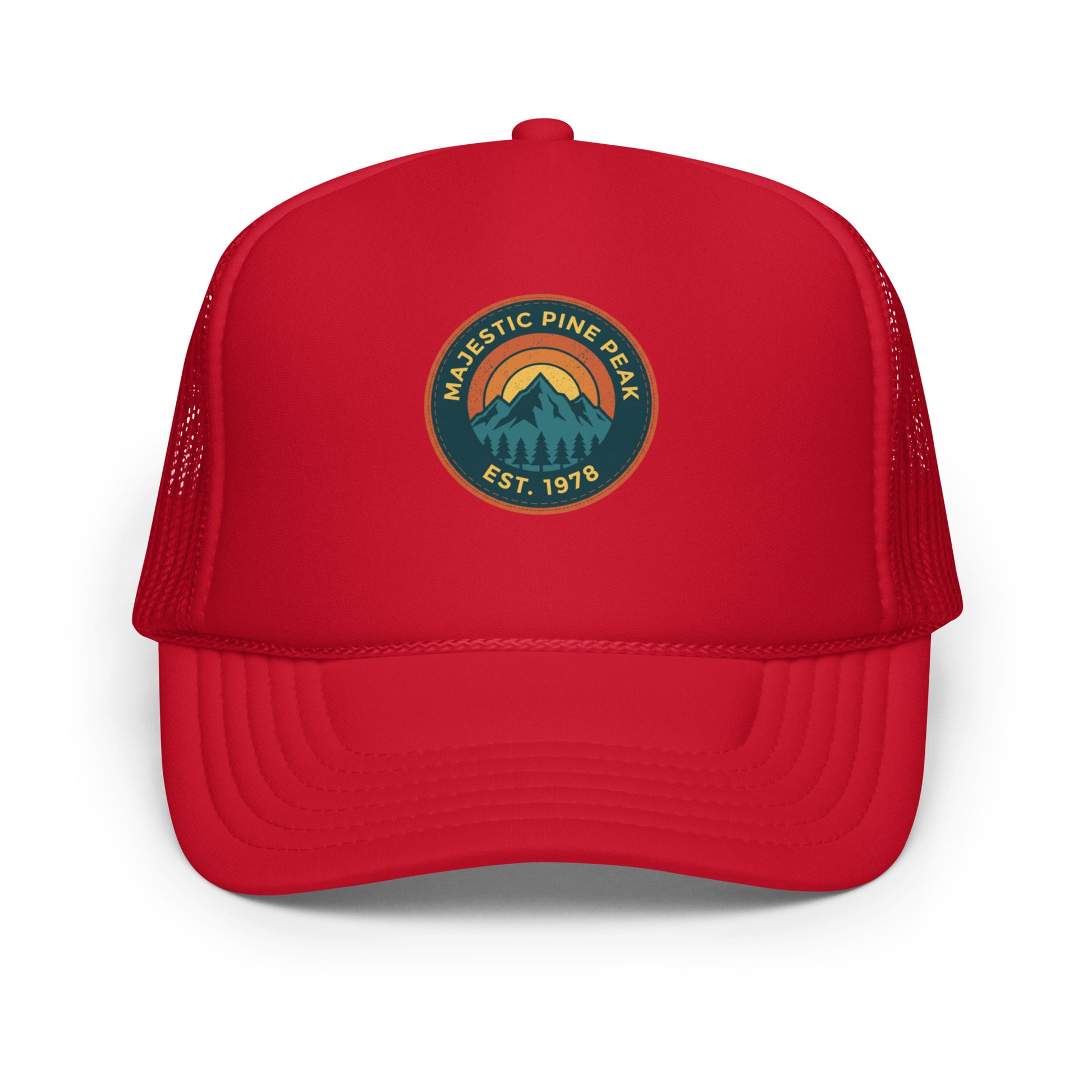 Red retro mountain sunset trucker hat, front view of vintage hiking graphic