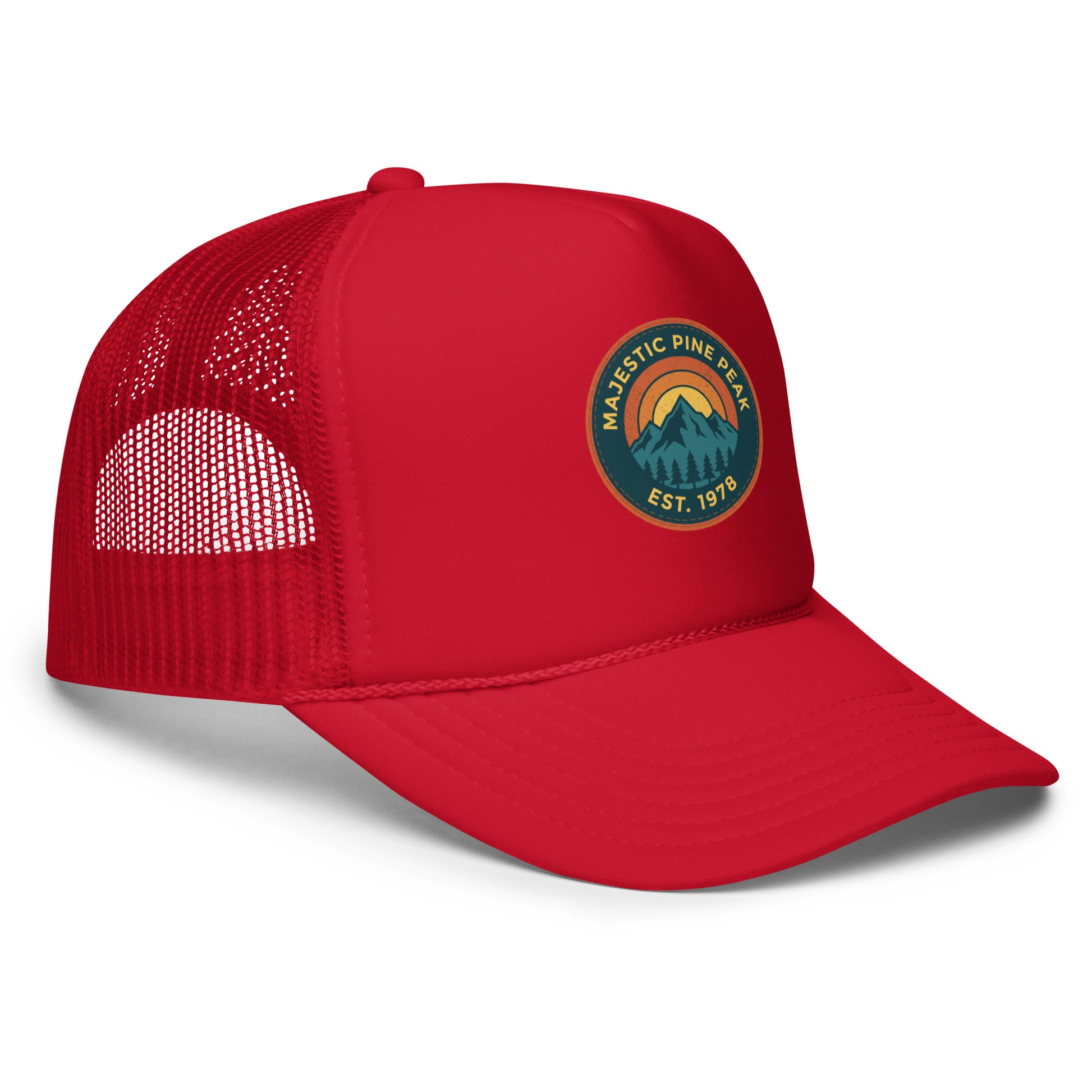 Red retro mountain sunset trucker hat with mesh back, angled front view