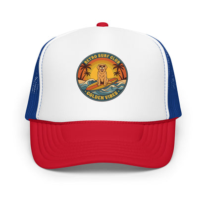 Vintage Golden Retriever Surf Trucker Hat Retro Dog Mom Baseball Cap - in Red / White / Royal, front view - VibePrintPop
