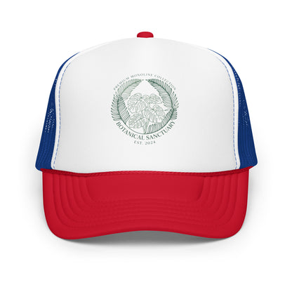 Plant Lady Monstera Leaves Trucker Hat Cute Urban Jungle Mesh Cap - in Red / White / Royal, front view - VibePrintPop