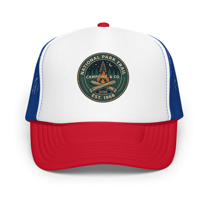 Retro Campfire Outdoor Patch Trucker Hat Vintage Camping Mesh Cap - in Red / White / Royal, front view - VibePrintPop