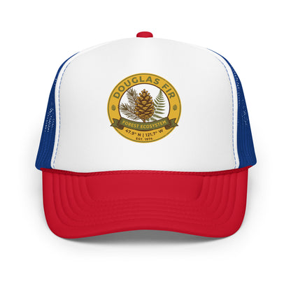 Bigfoot Hide and Seek Champion Trucker Hat Sasquatch Hiking Cap - in Red / White / Royal, front view - VibePrintPop