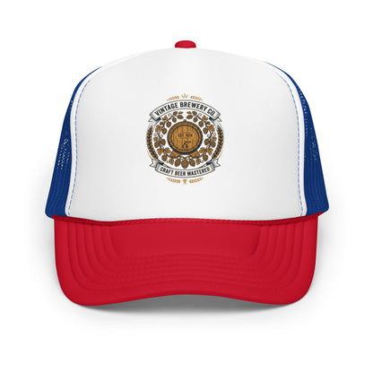 Craft Beer Hops Brewery Trucker Hat Vintage Beer Lover Mesh Cap - in Red / White / Royal, front view - VibePrintPop