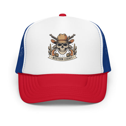 Vintage Cowboy Skull Western Trucker Hat Rodeo Country Music Cap - in Red / White / Royal, front view - VibePrintPop