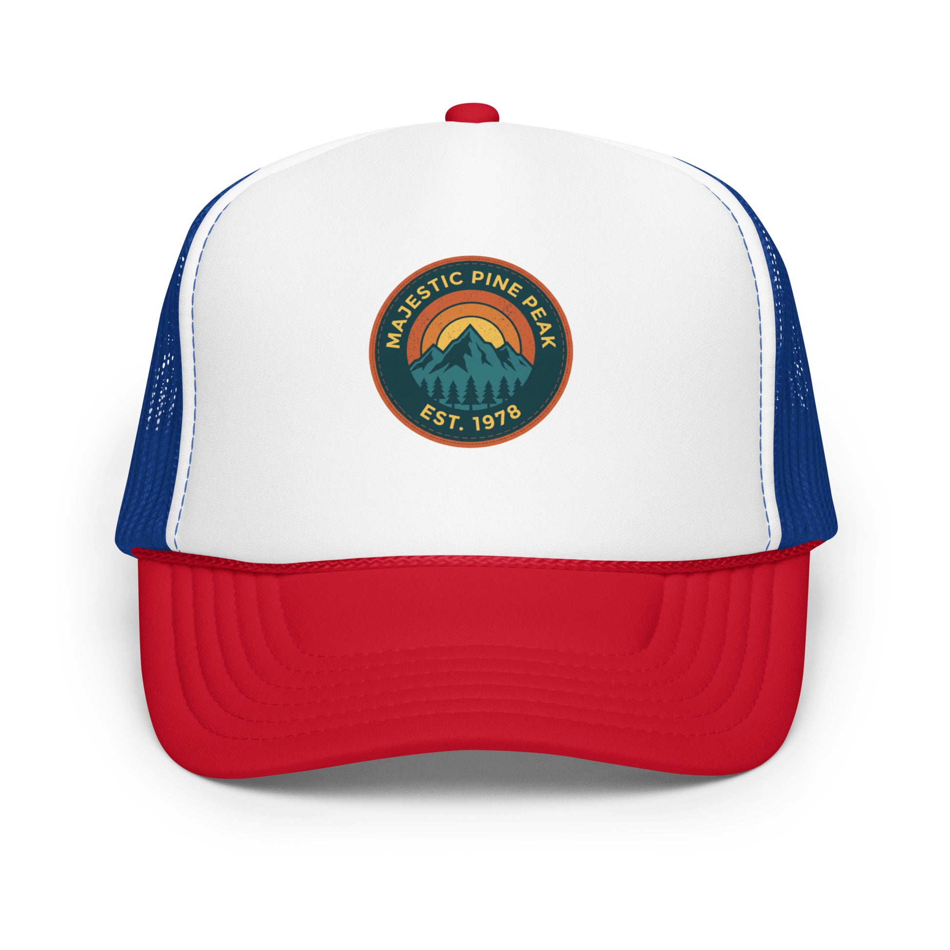 Red, white and royal blue retro mountain sunset trucker hat, front view