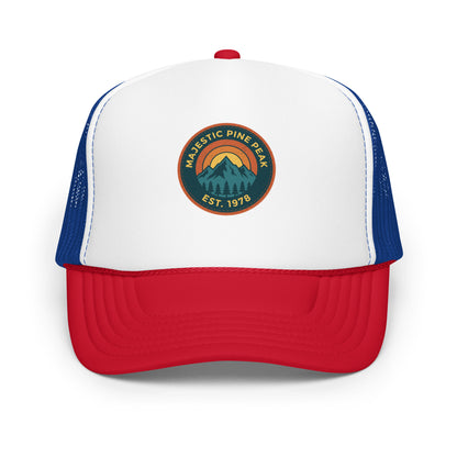 Red, white and royal blue retro mountain sunset trucker hat, front view