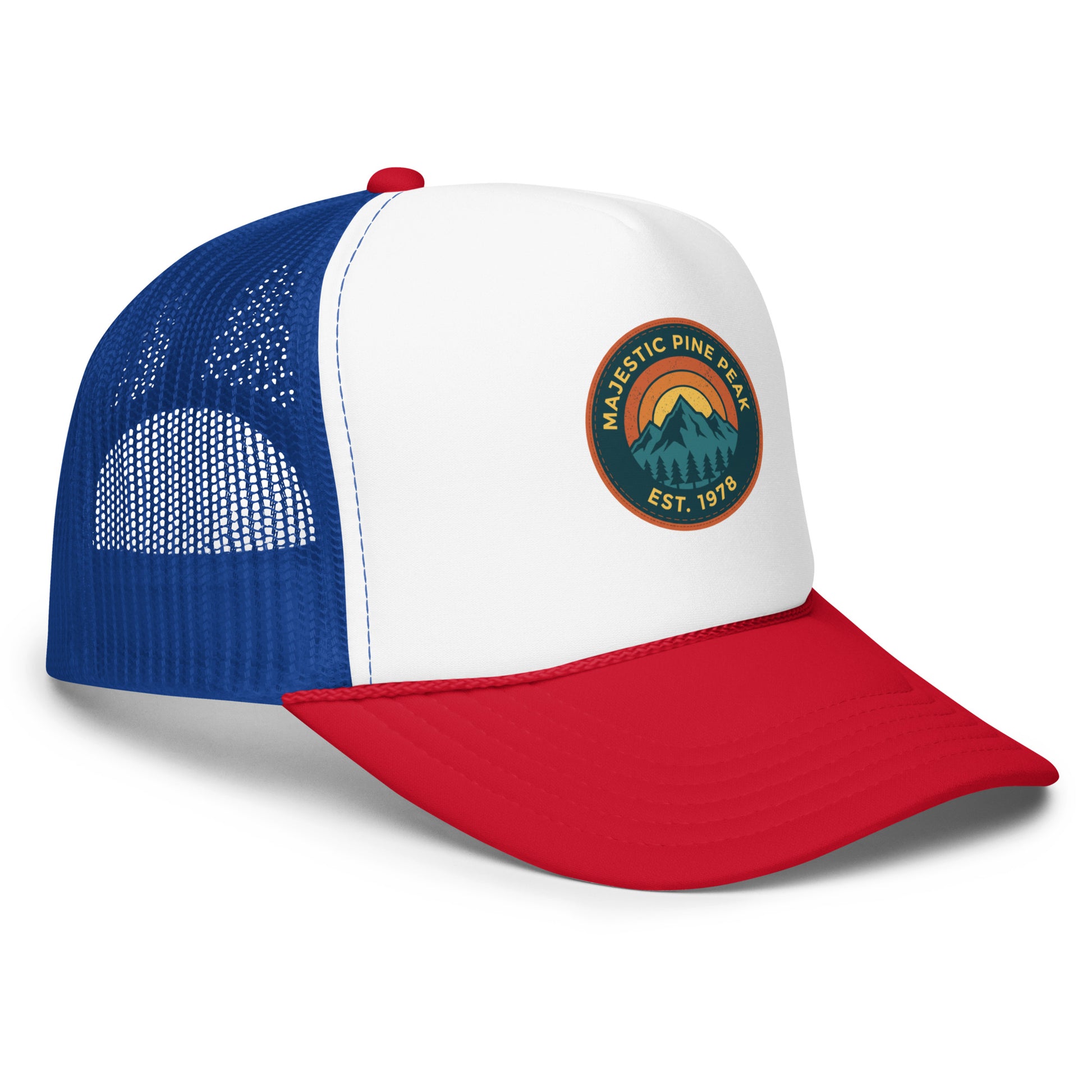 Red, white and royal blue retro mountain sunset trucker hat, angled front view