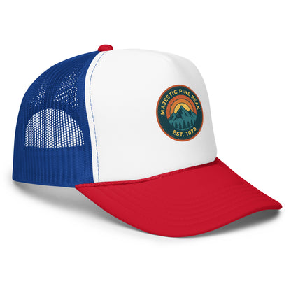 Red, white and royal blue retro mountain sunset trucker hat, angled front view