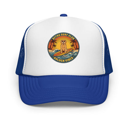 Vintage Golden Retriever Surf Trucker Hat Retro Dog Mom Baseball Cap - in Royal/ White/ Royal, front view - VibePrintPop
