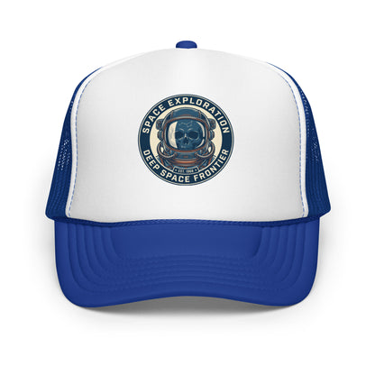 Retro Astronaut Helmet Trucker Hat Vintage Space Skull Graphic Cap - in Royal/ White/ Royal, front view - VibePrintPop