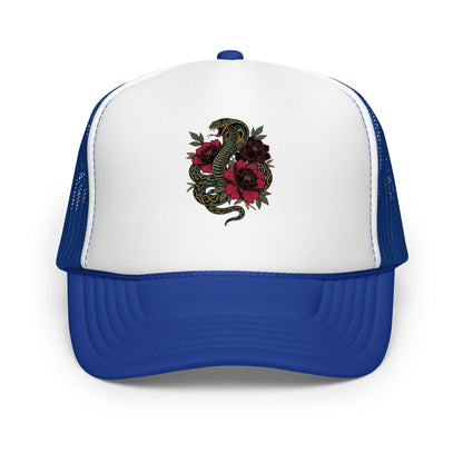 Gothic Snake Peony Floral Trucker Hat Tattoo Style Streetwear Cap - in Royal/ White/ Royal, front view - VibePrintPop