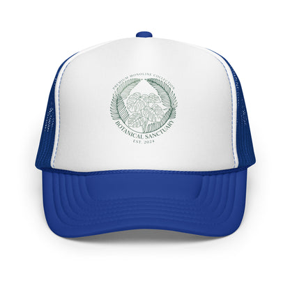 Plant Lady Monstera Leaves Trucker Hat Cute Urban Jungle Mesh Cap - in Royal/ White/ Royal, front view - VibePrintPop