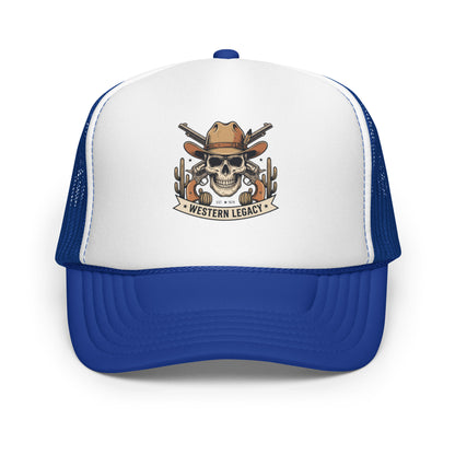 Vintage Cowboy Skull Western Trucker Hat Rodeo Country Music Cap - in Royal/ White/ Royal, front view - VibePrintPop
