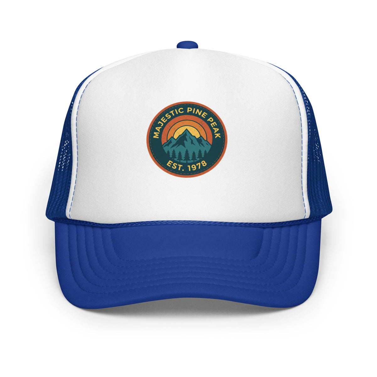 Royal blue and white retro mountain sunset trucker hat, front view